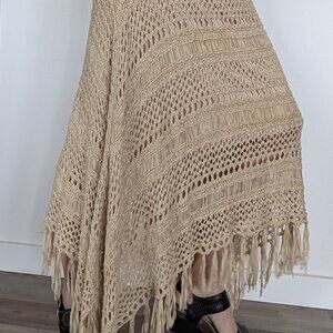 Chico's crochet fringe handkerchief hem tan skirt.